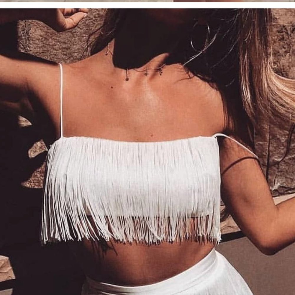 Meshki Fringe Crop Top White Small